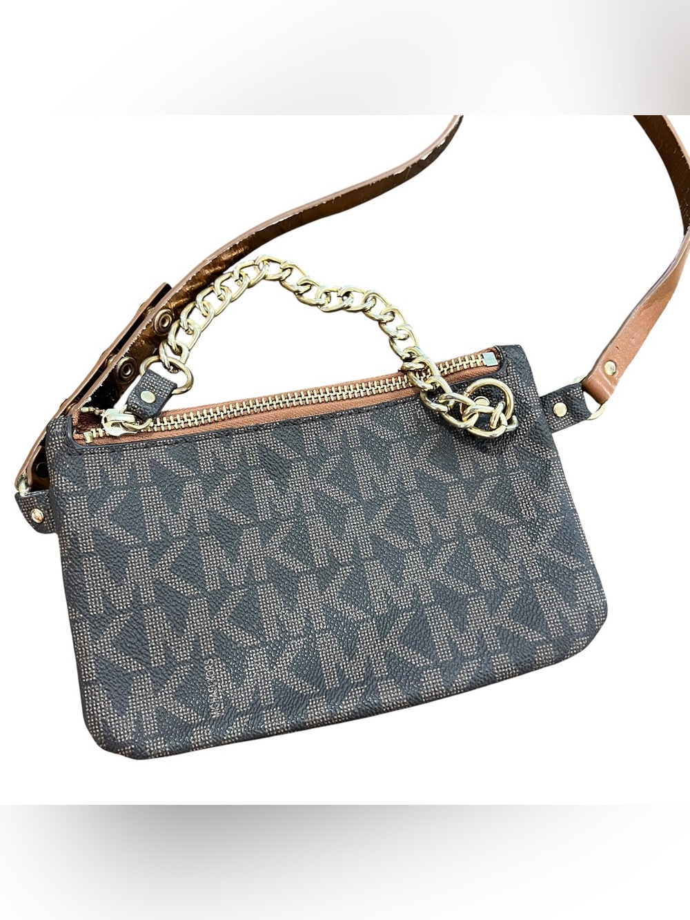 Michael Kors Belt Bag Brown Monogram Logo Print Leather Waist Pack Crossbody - Picture 6 of 10